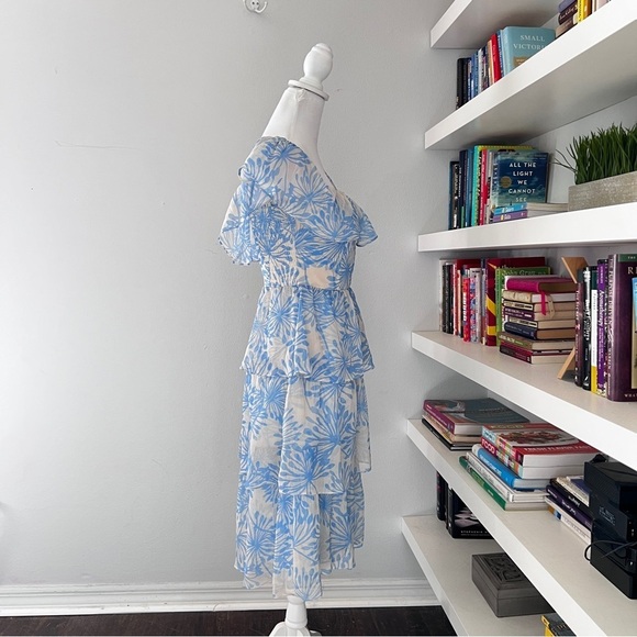Amanda Uprichard Venezia blue & cream off shoulder midi dress size XS - Picture 10 of 13